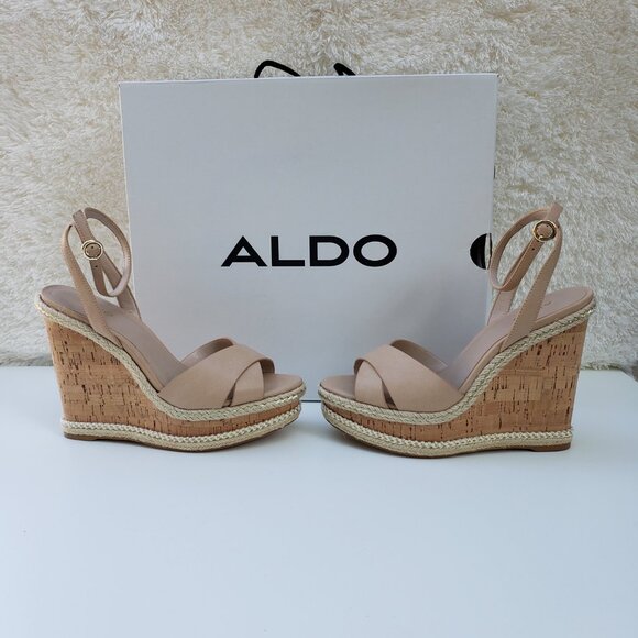 NEW ALDO PLATFORM WEDGE HEELS SANDALS, Leather, Beige, Women's shoes Size 10 - Picture 4 of 11